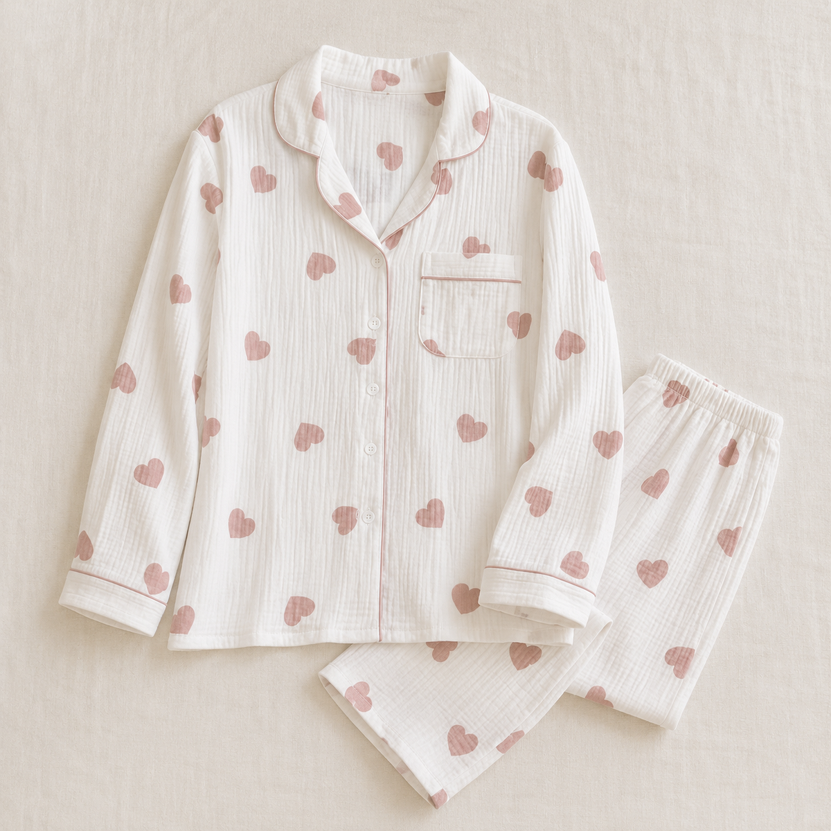 Novara muslin pajama set, Sweetheart, Ivory, long sleeve — flat lay, product only