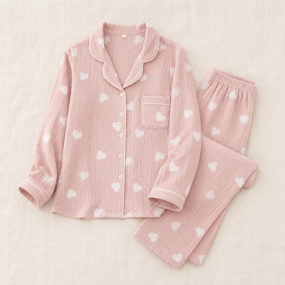 Novara muslin pajama set, Sweetheart, Blush, long sleeve — flat lay, product only