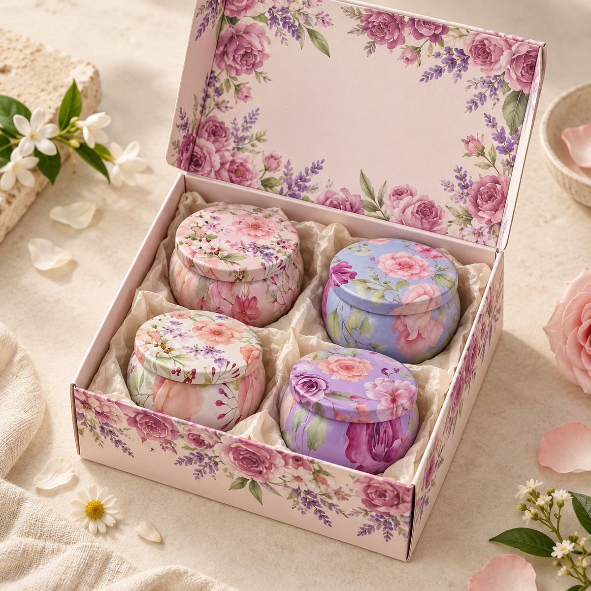Novara Blush Botanica candle box open, showing 4 tins [blush-botanica]