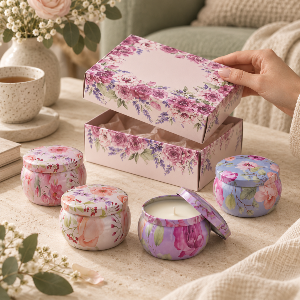 Novara Blush Botanica candle box gifting shot [blush-botanica]