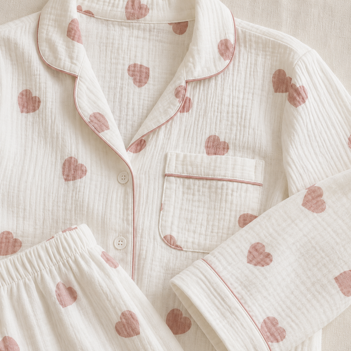 Novara muslin pajama set, Sweetheart, Ivory, long sleeve — detail, product only