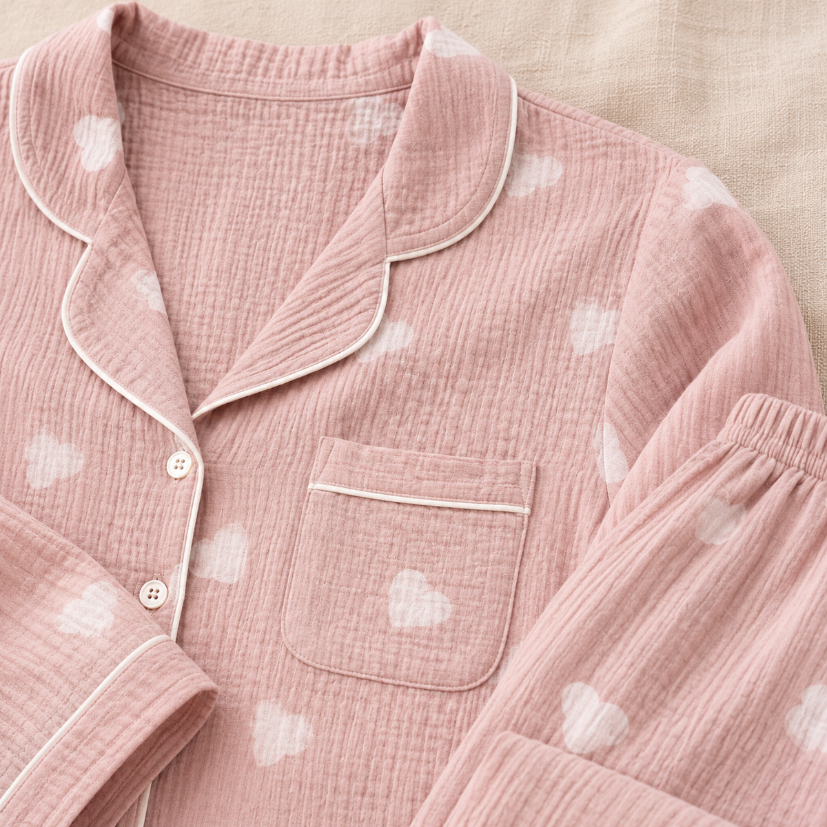 Novara muslin pajama set, Sweetheart, Blush, long sleeve — detail, product only