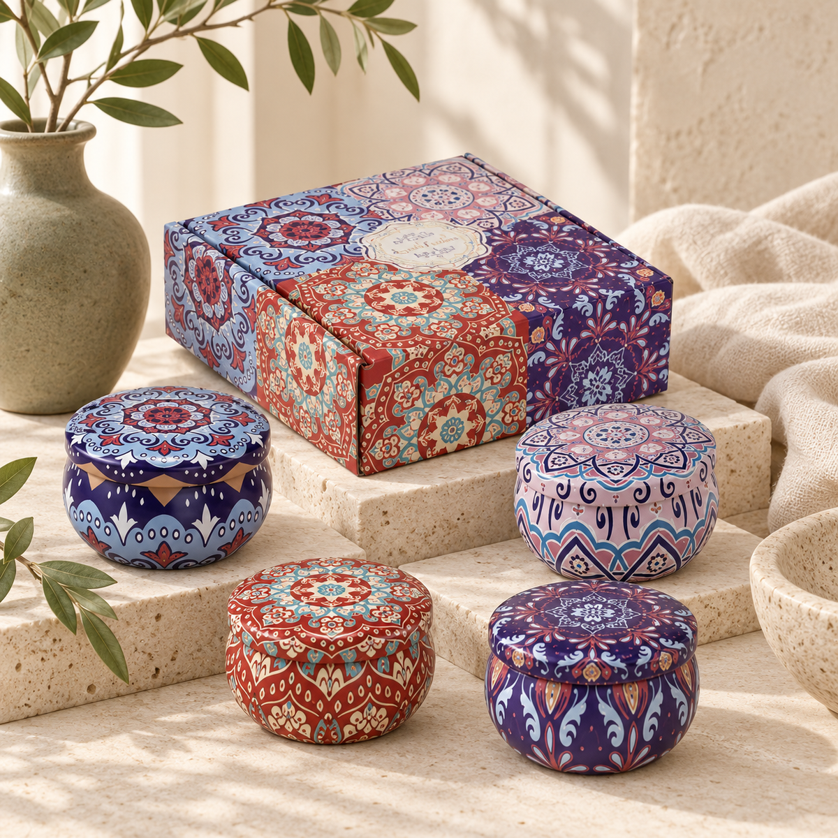 Novara Midnight Garden candle ritual box, hero shot, blue purple mandala [midnight-garden]