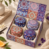 Novara Midnight Garden candle box open, showing 4 tins [midnight-garden]
